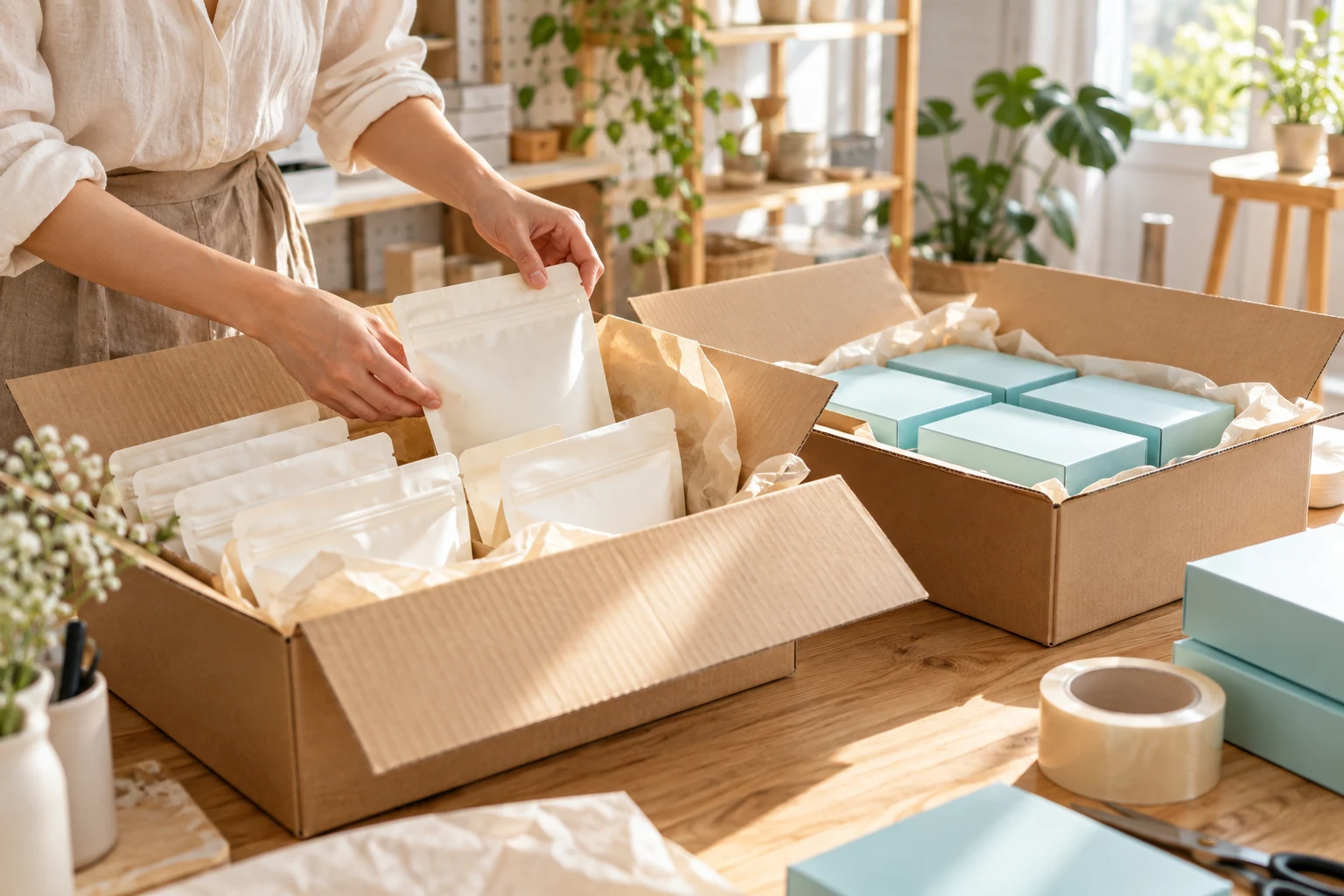Illustrative first product batch with consumer packaging and shipping cartons