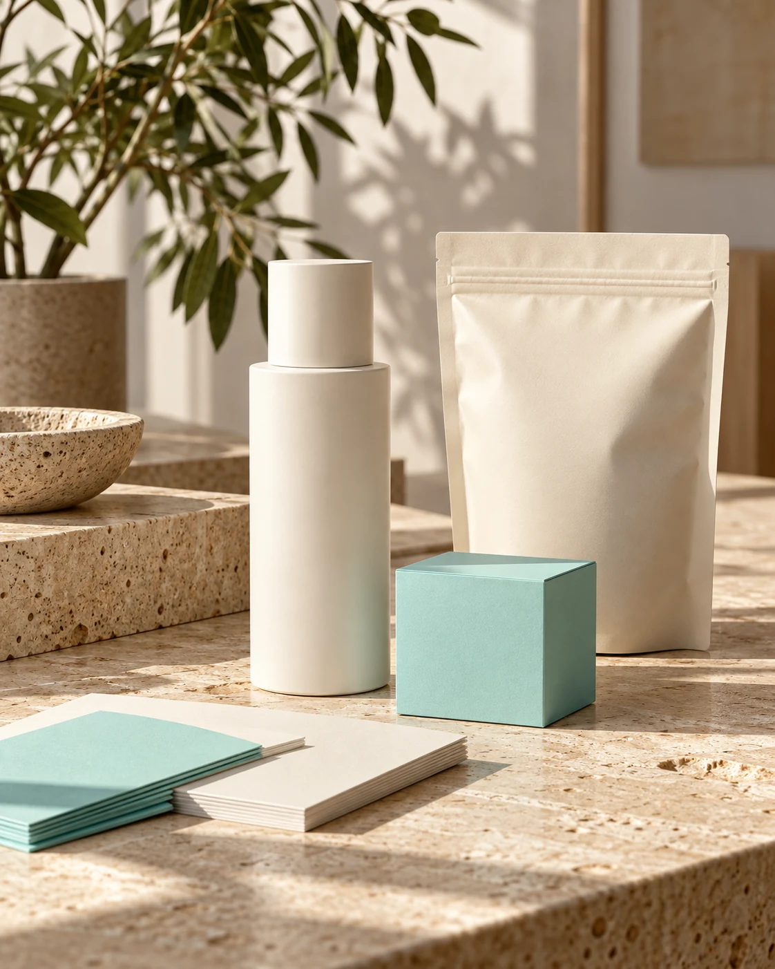 Illustrative brand concepts: unbranded packaging and Tiffany blue cartons in a sunlit studio