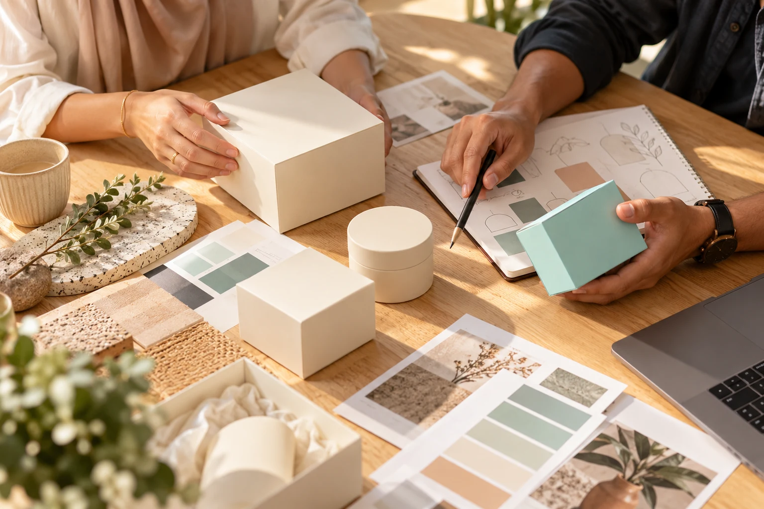Illustrative creative collaboration with packaging samples and colour swatches
